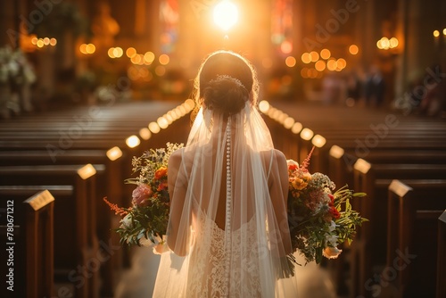 Beautiful bride walking on wedding aisle against sunlight, elegance charm and romantic moment in wedding, wedding ceremony theme concept, God's bride, Generative Ai