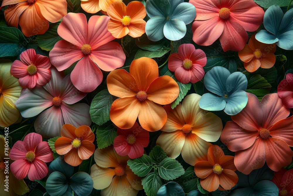 A dense layout of artificial flowers in a variety of bold colors creating a pleasing visual texture A dense layout of artificial flowers in a variety of bold colors creating a pleasing visual texture