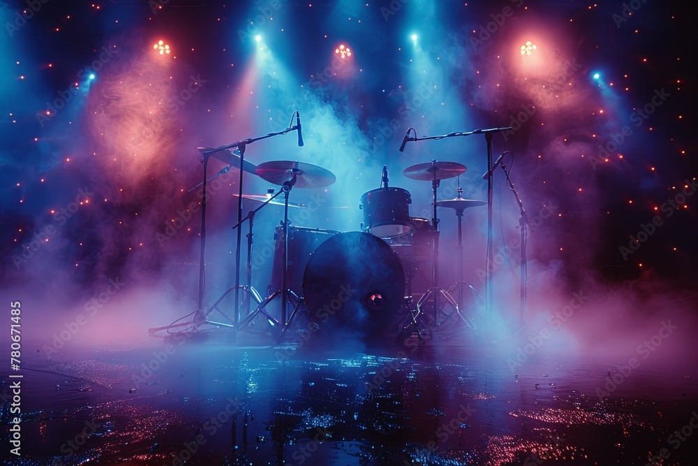 A drum kit bathed in atmospheric blue and purple lights with a smoky background, capturing the essence of a live concert
