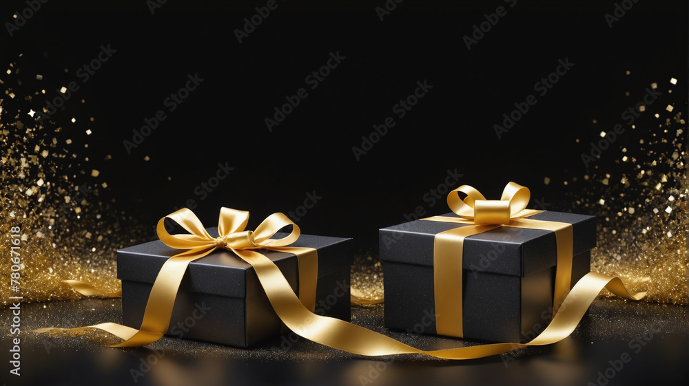 Gift box and golden ribbon on black background with glitter. Black friday sale concept Gift box and golden ribbon on black background with glitter. Black friday sale concept