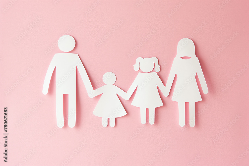 Paper family cut out on light pink background. Home for family, foster care, mental health, homeschool education concept Paper family cut out on light pink background. Home for family, foster care, mental health, homeschool education concept