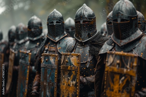 A meticulously staged scene of armored knights poised for combat on a dreary, rain-soaked battleground photo