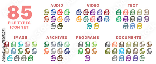 This image is a set of 85 icons related to different file types and multimedia formats in a flat style. Audio, Video, Text, Image, Archives, Programs, Documents.