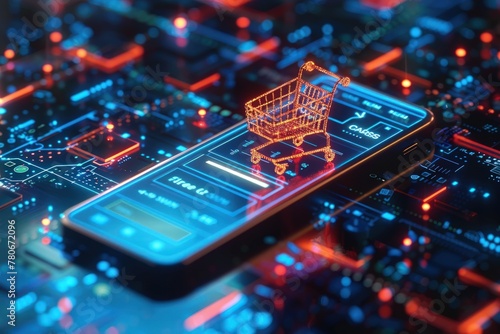 Mobile phone and shopping trolley in neon colors for online shop concept. Generate AI image photo