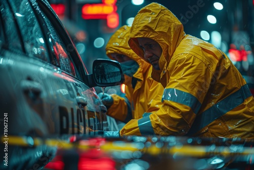 A captivating image of a figure in a yellow raincoat during an evening downpour reflects a sense of preparation and determination