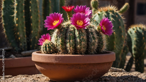 A flowering cactus, bursting with vibrant blooms, thriving in a rustic clay pot.
