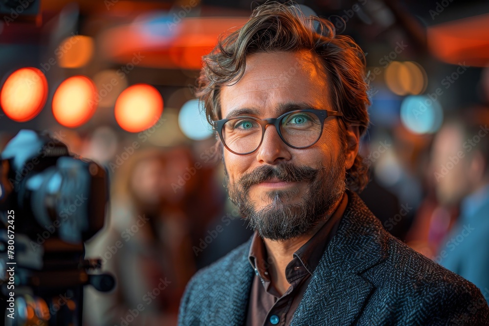 A bearded man with glasses poses in front of blurry lights and a camera, giving a professional vibe A bearded man with glasses poses in front of blurry lights and a camera, giving a professional vibe