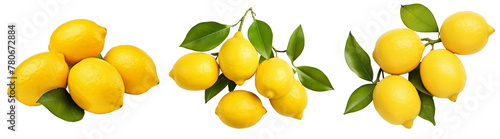 Set Bunch of Ripe Lemon isolated on transparent background cutout, PNG file.