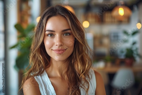 Radiant young woman with wavy hair smiling warmly at an indoor cafe
