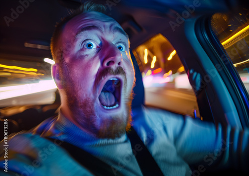 Men face expressions fear in car, car crash, accident