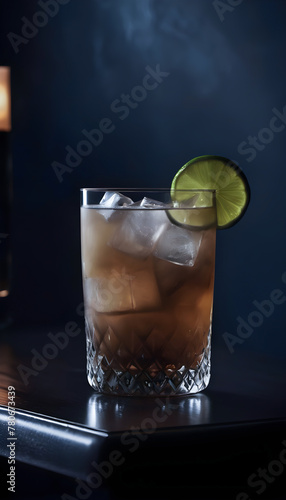 Dark and stormy cocktail with lime in glasses, ginger root, on table, nordic living room, modern, smokeless, dark atmosphere, low dop. generated with AI