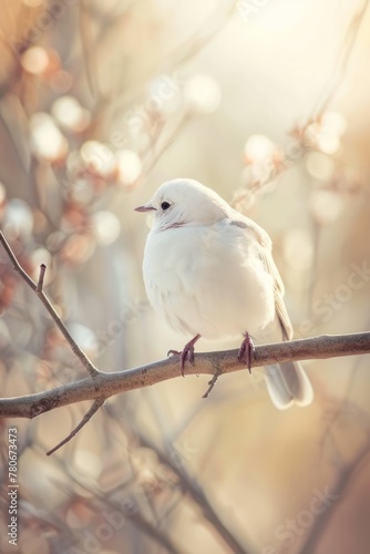 A serene pigeon perched on a branch with a soft pink bokeh background.