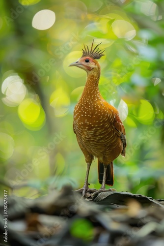 Elegant crested tinamou (Eudromia elegans) standing amidst lush greenery, with soft bokeh background. photo