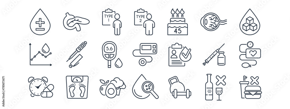 Naklejka premium Diabetes and Blood Sugar line icons kit. Glucose, insulin, hyperglycemia, analysis, scale, gestational, sick, drug, syringe, lifestyle, retinopathy, test, medical vector illustration. Editable stroke.