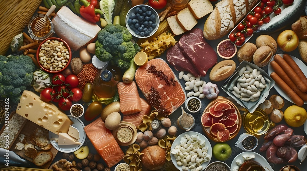 Top View of Meat, Fish, Bread, Vegetables, and Various Foods - Culinary Concept Top View of Meat, Fish, Bread, Vegetables, and Various Foods - Culinary Concept