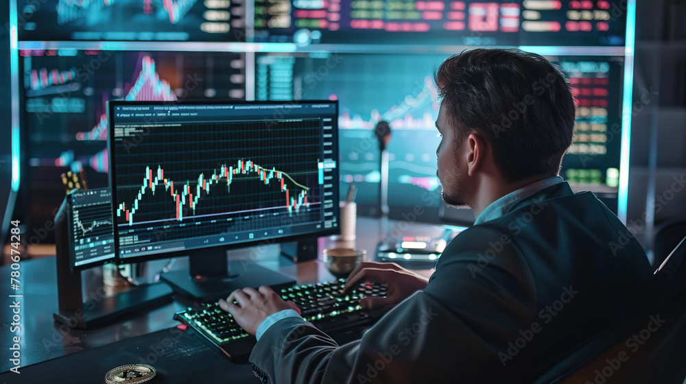 .the broker monitors the exchange rate changes on the computer .the broker monitors the exchange rate changes on the computer
