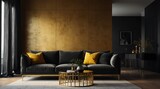 gold and black theme accent color empty living room interior minimalist concept design with sofa with morning sunlight from Generative AI