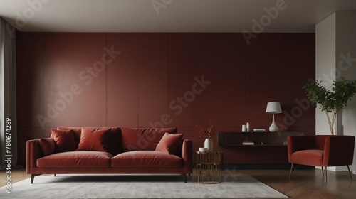 burgundy red theme accent color empty living room interior minimalist concept design with sofa with morning sunlight from Generative AI