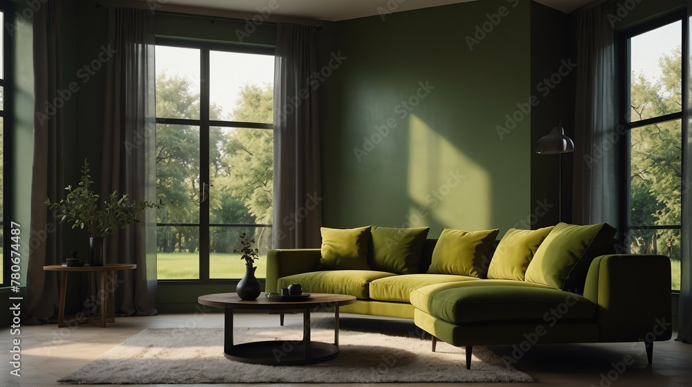 olive green theme accent color empty living room interior minimalist ...