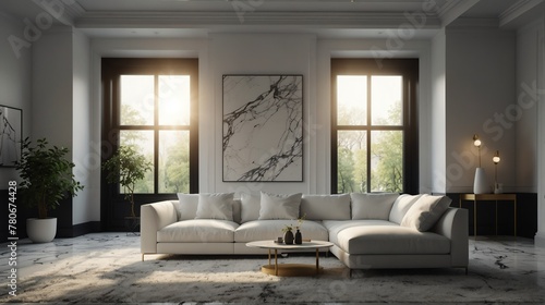 marble white theme accent color empty living room interior minimalist concept design with sofa with morning sunlight from Generative AI