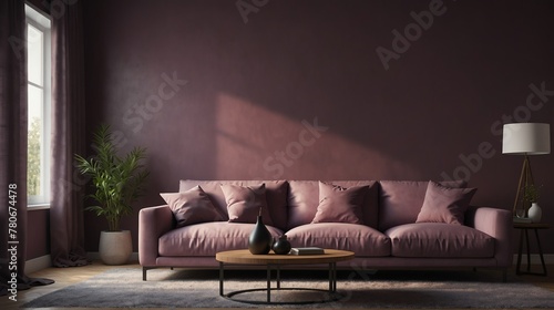 mauve purple theme accent color empty living room interior minimalist concept design with sofa with morning sunlight from Generative AI photo