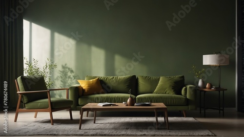 olive green theme accent color empty living room interior minimalist concept design with sofa with morning sunlight from Generative AI photo