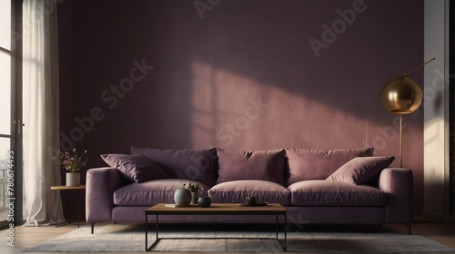 mauve purple theme accent color empty living room interior minimalist concept design with sofa with morning sunlight from Generative AI photo