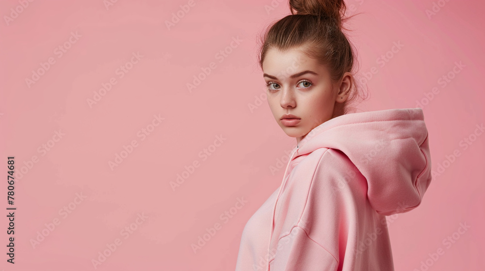 Beautiful modern teenager in stylish hoodie smiling and looking at camera against vibrant pink background, copyspace Beautiful modern teenager in stylish hoodie smiling and looking at camera against vibrant pink background, copyspace
