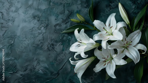 branch of white lilies flowers, condolence card with copy space for text, stock photography