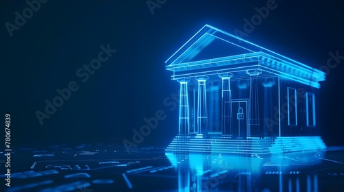 Isometric bank building. Mobile banking concept. 3D realistic business object. bank architecture with futuristic style in blue neon color illustration