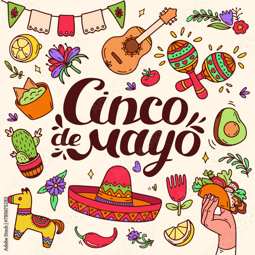 Cinco de Mayo celebration in Mexico icons set. Square color background. Banner and social media post for Mexican federal holiday Cinco de Mayo. Mexican heritage and culture. Doodle vector illustration