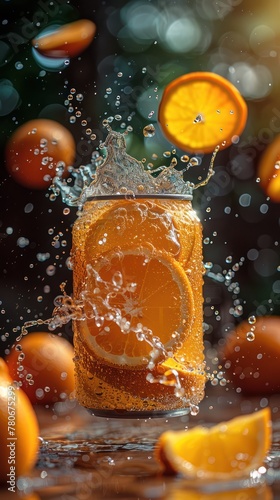 Fresh orange juice splashing from a glass surrounded by whole and sliced oranges with water droplets in the air.