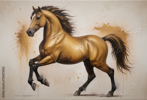 Elegance of Golden Horses: Abstract oil painting of horses in wall art, featuring rich gold accents,