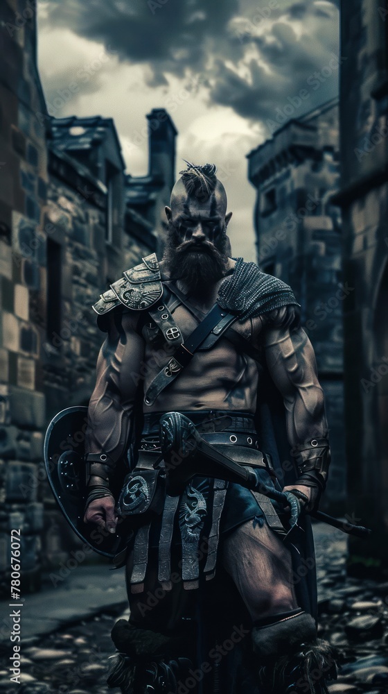 Fototapeta premium Majestic warrior in armor under stormy sky, exuding strength and determination.