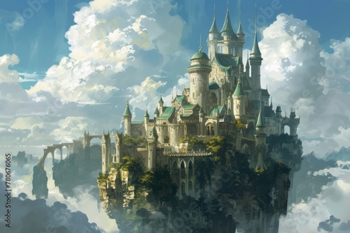 Fantastic magical flying majestic castle palace in the clouds in a fantasy world 