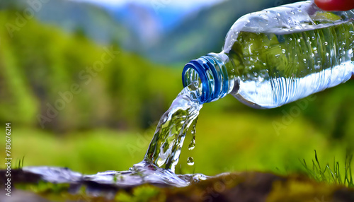Person Pouring Water Into Plastic Bottle. Generative AI photo