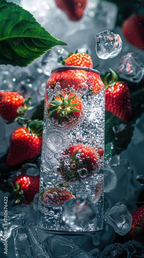 Refreshing strawberries in a mason jar with splashing water and ice cubes, vibrant colors with bokeh background.