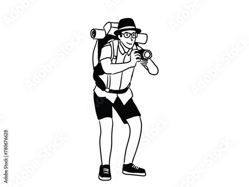 A man with backpack and camera in hand trying to take photos during travelling or A backpaker taking photo with camera photo