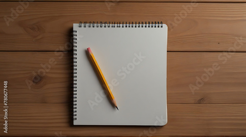 Top view of an open spiral blank paper notebook with pencil on wooden table desk background. Top view isolated background, book