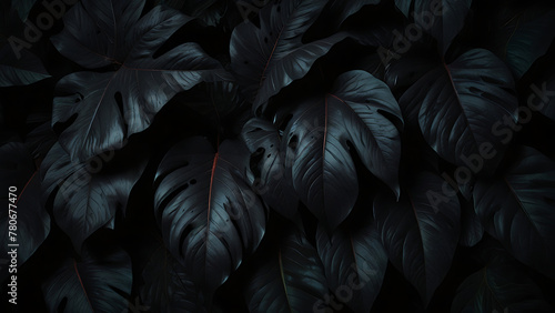 Textures of abstract dark black leaves of tropical leaf background. Flat lay  dark nature concept  tropical leaf  dark background  old