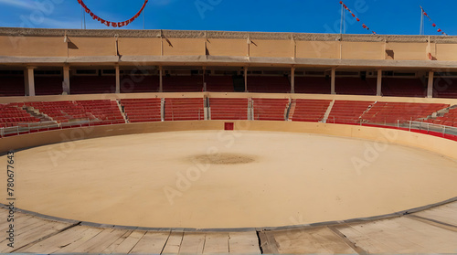 Empty round empty bullfight arena. bullring for traditional performance of bullfight, wide perspective, day
