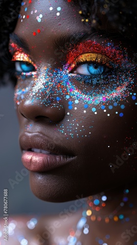 Close-up portrait of a woman with vibrant glitter makeup, highlighting her eyes and cheekbones. photo