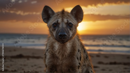 hyena closeup portrait looking on camera at dramatic s dee-e-ec-b-bcabbbeclose-up portrait looking on camera at dramatic sunset on beach background from Generative AI