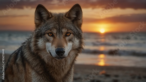 wolf closeup portrait looking on camera at dramatic su dbaf-ed--b-dfbcclose-up portrait looking on camera at dramatic sunset on beach background from Generative AI