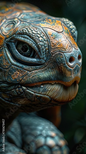 Close-up of a colorful, detailed turtle sculpture with intricate patterns on its shell and head. © Nathan