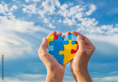 Mains tenant un cœur en pièces de puzzle, devant un ciel bleu, symbole autisme