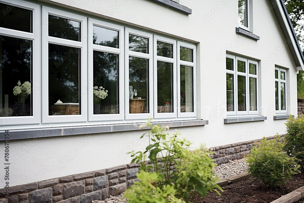 Modern White PVC UPVC Windows with Dark Sills on Plastered House with Garden View Modern White PVC UPVC Windows with Dark Sills on Plastered House with Garden View