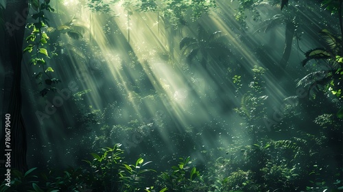 capture a dark rainforest scene with sun rays filtering through the dense foliage, creating a mystical atmosphere