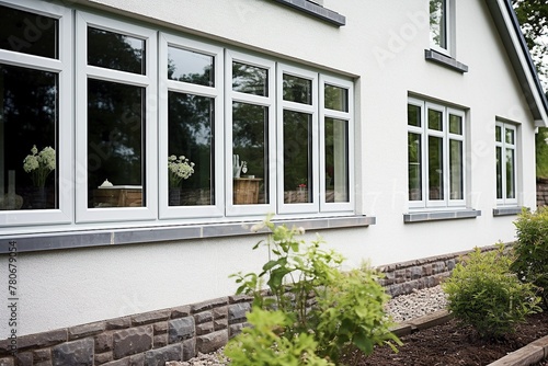 Modern White PVC UPVC Windows with Dark Sills on Plastered House with Garden View