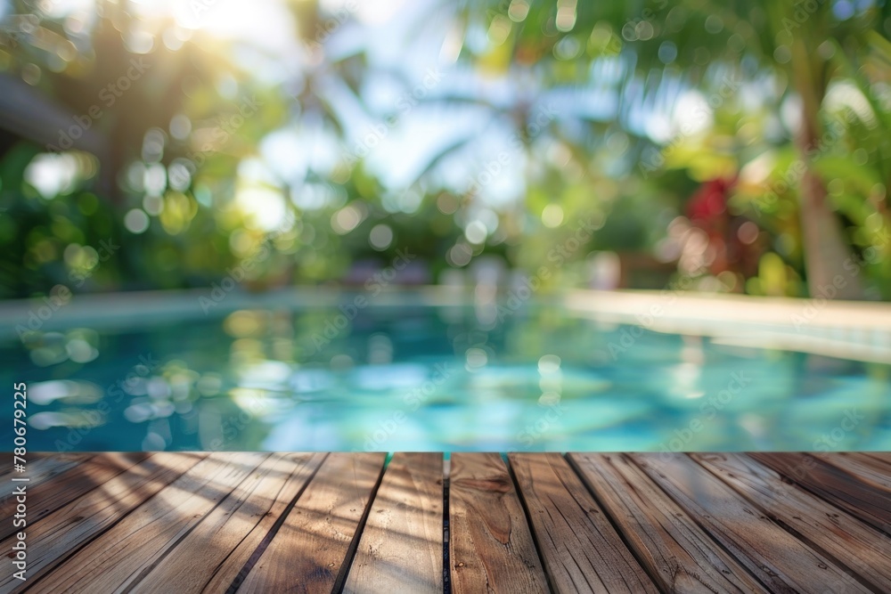 Beautiful blurred background of an empty wooden table and swimming pool. Generate AI image